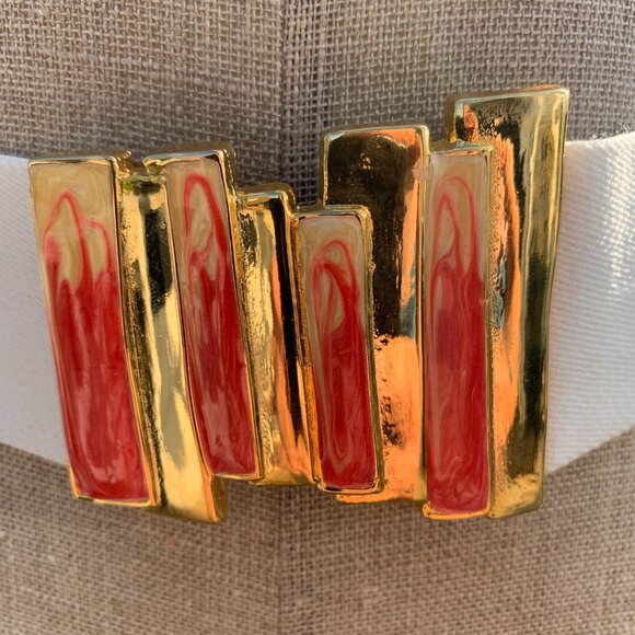 Vintage 80s White Elastic Gold Red Retro Statement Buckle Wide Cinch Belt - Picture 2 of 12